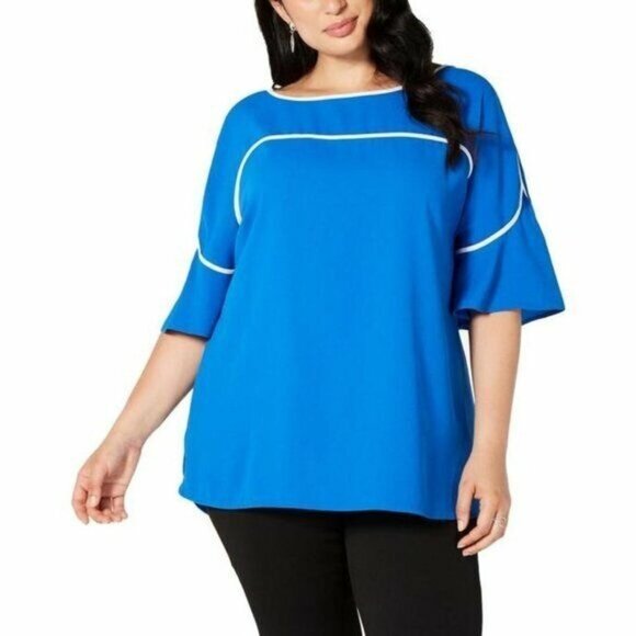 Alfani Womens MEDIUM Blue Short Bell Sleeve Piping Loose Casual Polyester Blouse - Picture 1 of 7